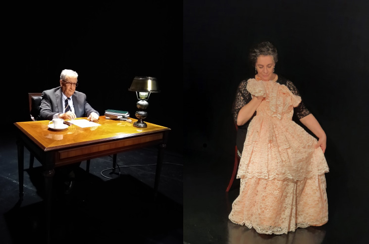 <strong>Figura 5.</strong> El Dr. Enrique Calderón representando a Andrés Iduarte y la Mtra. Ma. de Lourdes García representando a Carmen Ramos para la serie <em>100 años de educación en México.</em> 