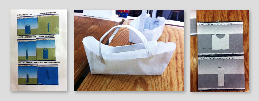 <b>Figuras 4a, 4b y 4c.</b> Proceso industrial. Bolsas elaboradas con costales de croquetas y sus planos elaborados con el programa. Image