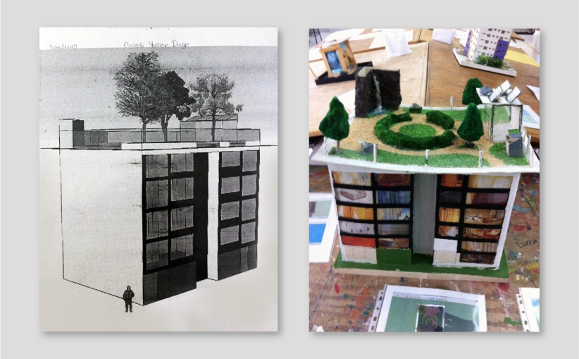 <b>Figuras 5a y 5b.</b> Proyecto de innovación. Ejemplo de un plano y la respectiva maquetas de las construcciones con azotea verde. Image