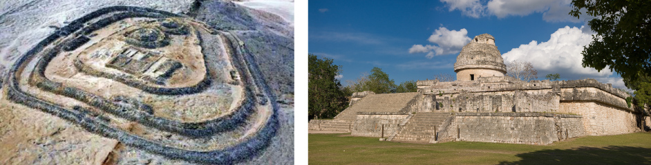 <b>Figuras 2a y 2b.</b> Observatorios solares de Chankillo y Chichen Itzá Image